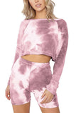 Tie Dye Long Sleeve Crop Top Skinny Yoga Shorts Pajama Set