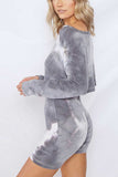 Boat Neck Long Sleeve Tie Dye Shorts Pajama Set Grey