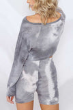 Boat Neck Long Sleeve Tie Dye Shorts Pajama Set Grey