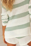 Casual V Neck Long Sleeve Top Striped Shorts Knit Suit Light Green