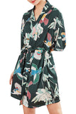 Women's Bird Print Wrap Kimono Robe Sleepwear Dark Green