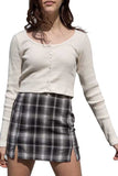 Women's Casual Button Down Ribbed Long Sleeve Knit Crop Top