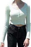 Women's Solid Ribbed Button Long Sleeve Crop Top T-Shirt