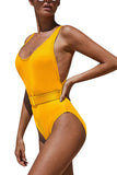 Solid Scoop Neck Ribbed One Piece Swimsuit With Belt