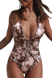 Halter Frill Criss Cross Tie Dye One Piece Swimwear Brown