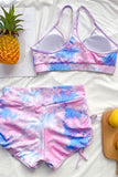 V Neck Tie Dye Top Shirred Boyshort Bottom Swimsuit Pink