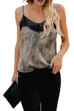 Spaghetti Straps Lace Patchwork Leopard Print Tank Black