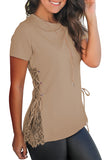 Crew Neck Short Sleeve Lace Patchwork Cross Lace Up Plain T Shirt Khaki