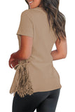 Crew Neck Short Sleeve Lace Patchwork Cross Lace Up Plain T Shirt Khaki