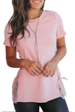 Crew Neck Short Sleeve Lace Patchwork Cross Lace Up Plain T Shirt Pink