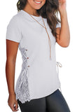 Crew Neck Short Sleeve Lace Patchwork Cross Lace Up Plain T Shirt White