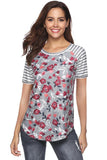 Crew Neck Short Sleeve Striped Floral Print T-Shirt Gray