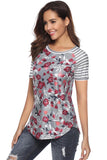 Crew Neck Short Sleeve Striped Floral Print T-Shirt Gray