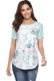 Crew Neck Short Sleeve Striped Floral Print T-Shirt Light Green