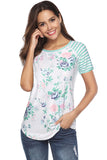 Crew Neck Short Sleeve Striped Floral Print T-Shirt Light Green