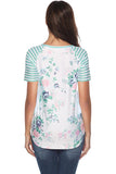 Crew Neck Short Sleeve Striped Floral Print T-Shirt Light Green