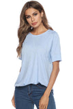 Crew Neck Short Sleeve High Low Plain T-Shirt Light Blue