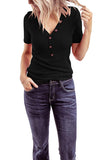 Ribbed Knit Button Front V Neck T-Shirt Black