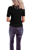 Ribbed Knit Button Front V Neck T-Shirt Black