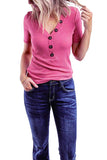 Rib Knit Button V Neck Short Sleeve T-Shirt Pink