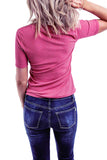 Rib Knit Button V Neck Short Sleeve T-Shirt Pink