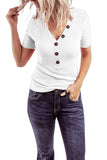 Button V Neck Rib Knit Short Sleeve T-Shirt White