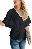 Ruffle Twist Front V Neck Bell Sleeve Plain T-Shirt Black