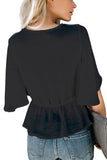 Ruffle Twist Front V Neck Bell Sleeve Plain T-Shirt Black