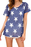 Short Sleeve Star Print Crew Neck Summer T-Shirt Navy Blue