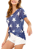 Short Sleeve Star Print Crew Neck Summer T-Shirt Navy Blue