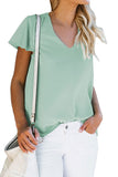 Casual Summer Short Sleeve Plain V Neck T-Shirt Light Green