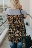 V Neck Leopard Print Patchwork Pocket T-Shirt Gray