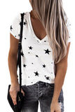 Summer V Neck Short Sleeve Stars Print T-Shirt White