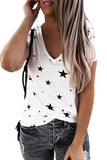 Summer V Neck Short Sleeve Stars Print T-Shirt White