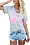 Women's Short Sleeve Flamingo Print Hollow-Out T-Shirt White