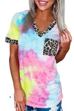 V Neck Tie Dye Leopard Patchwork Summer Short Sleeve T-Shirt Blue