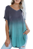 V Neck Ombre Color Block Casual Summer Shirt Green