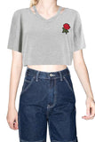 Women's Short Sleeve Cut Out Rose Print Summer Crop Top Grey