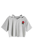 Women's Short Sleeve Cut Out Rose Print Summer Crop Top Grey