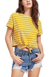 Women's Casual Crop Top Round Neck Short Sleeve Tie Front Striped Tee Top