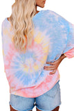 Tie Dye Dolman Sleeve Button Tie Loose T-Shirt Light Blue