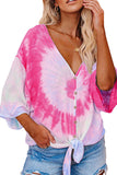 V Neck Tie Dye 3/4 Sleeve Button T-Shirt