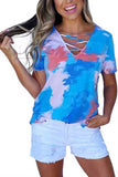 Women's V Neck Short Sleeve Tie Dye T-Shirt Blue