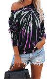 Loose Boat Neck Long Sleeve Tie Dye T-Shirt Purple