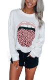 Crew Neck Long Sleeve Mouth Print T-Shirt White