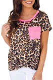 Crew Neck Short Sleeve Leopard Twist Pocket T-Shirt Brown