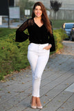 Women's Bell Sleeves V Neck Solid Shirt Bottom Down Crochet Blouse