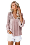 Women's Bell Sleeves V Neck Solid Shirt Bottom Down Crochet Blouse