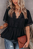 Women's Plain V Neck Short Sleeve Blouse Lace Splicing Elastic Waist Top