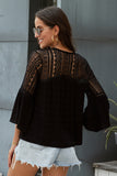 Women's Bell Sleeves V Neck Solid Shirt Bottom Down Crochet Blouse